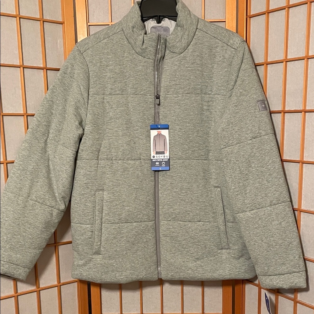 Soybu Men's Light Gray Puffer Front Zip Jacket Coat Size L with side pockets NWT